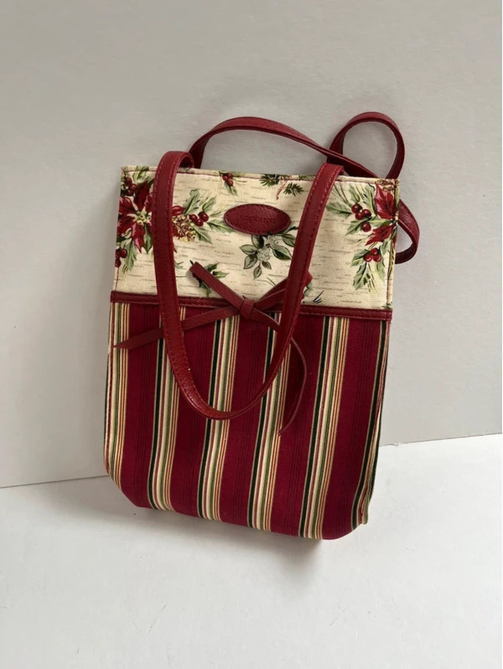 Longaberger Small Fabric Tote Holiday Poinsettia Stripe Purse 11x8 Burgundy